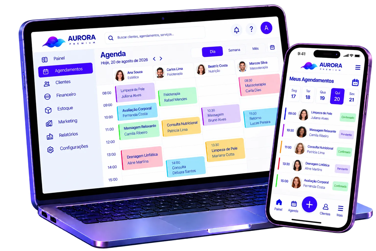 Agenda online do sistema de agendamento Aurora Premium com a grade do dia da equipe no computador e no celular