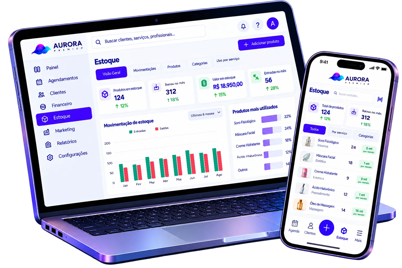 Controle de estoque do sistema de gestão Aurora Premium com baixa automática por serviço