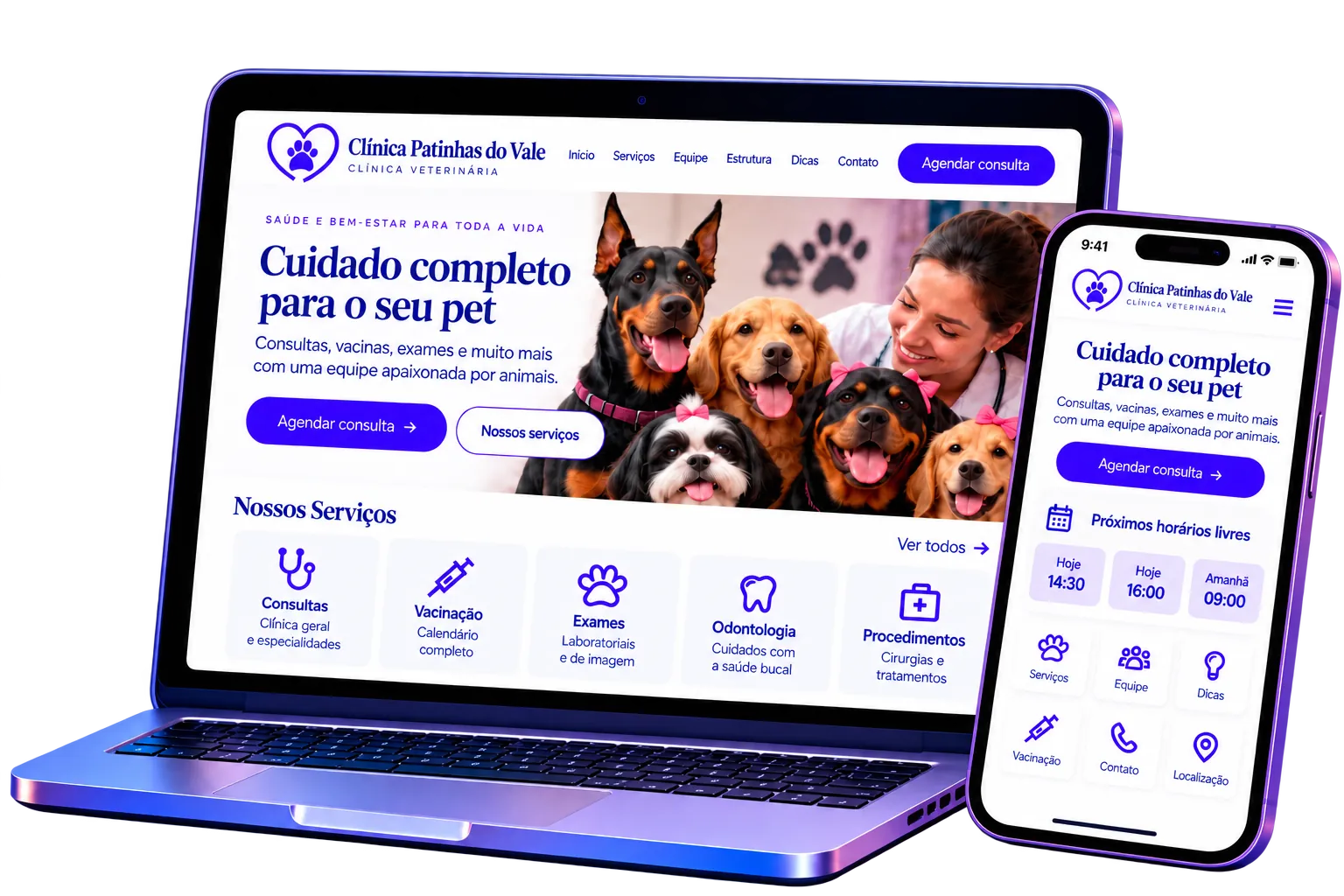 Site com agendamento online criado pelo Aurora Premium para uma clínica veterinária, no computador e no celular