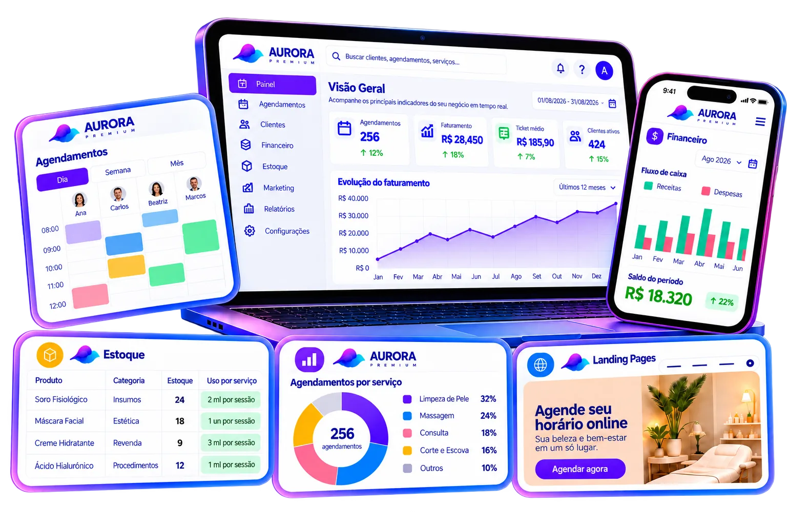 Sistema de agendamento online e gestão Aurora Premium com agenda, financeiro, estoque e site de agendamento no computador e no celular